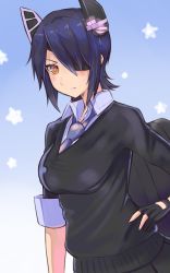 Rule 34 | 10s, 1girl, bad id, bad nicoseiga id, black gloves, blue hair, breasts, eyepatch, gloves, gomashi (goma), headgear, highres, kantai collection, large breasts, necktie, short hair, solo, sweater, tenryuu (kancolle), upper body, yellow eyes