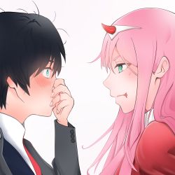 Rule 34 | 10s, 1boy, 1girl, absurdres, black hair, blood, blood on hands, blush, couple, darling in the franxx, hair ornament, hairband, hand on own face, highres, hiro (darling in the franxx), horns, j humbo, lipstick, long hair, looking at another, makeup, military, military uniform, oni horns, pink hair, red horns, short hair, uniform, white hairband, zero two (darling in the franxx)