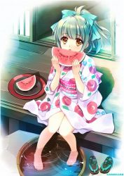 Rule 34 | 1girl, :o, alternate costume, artist name, barefoot, bow, brown eyes, carnelian, commentary, eating, feet, food, from above, fruit, full body, green bow, green hair, hair bow, holding, holding food, holding fruit, japanese clothes, kantai collection, kimono, looking at viewer, plate, ponytail, sandals, solo, summer, toes, wading, watermelon, yukata, yuubari (kancolle), zouri