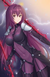 Rule 34 | 1girl, armor, bodysuit, breasts, covered navel, fate/grand order, fate (series), gae bolg (fate), holding, holding weapon, large breasts, long hair, looking at viewer, northman, pauldrons, polearm, purple bodysuit, purple hair, red eyes, scathach (fate), scathach (fate), shoulder armor, solo, spear, very long hair, weapon
