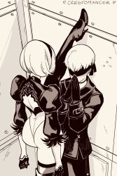 1boy 1girl 2b_(nier:automata) 9s_(nier:automata) ass assertive_female commentary crestomancer english_commentary facing_another hands_on_own_face highres kabedon monochrome nier:automata nier_(series) own_hands_together signature