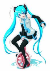 Rule 34 | 1girl, aqua hair, blue eyes, boots, detached sleeves, full body, hatsune miku, hatsune negame, headphones, long hair, necktie, riding, skirt, solo, tears, thigh boots, thighhighs, twintails, unicycle, very long hair, vocaloid, white background