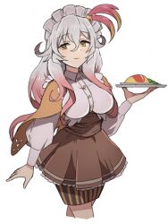 Rule 34 | 1girl, apo 518, apron, breasts, brown apron, buttons, cape, closed mouth, collared shirt, elsje (rune factory), food, gradient hair, grey hair, hair between eyes, hand up, highres, holding, holding plate, ketchup, large breasts, long hair, long sleeves, maid headdress, multicolored hair, omelet, orange cape, pink hair, plate, rune factory, rune factory 5, shirt, simple background, single horizontal stripe, skirt, smile, solo, striped clothes, striped skirt, two-tone hair, underbust, vertical-striped clothes, vertical-striped skirt, waist apron, wavy hair, white background, white shirt, yellow eyes