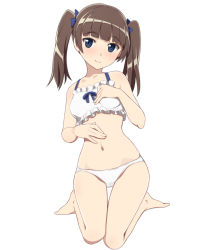 Rule 34 | 10s, 1girl, bare legs, bare shoulders, barefoot, blue eyes, blunt bangs, blush, bra, brave witches, brown hair, frills, full body, georgette lemare, hair ribbon, kneeling, long hair, looking at viewer, nanashino, navel, panties, ribbon, simple background, smile, solo, twintails, underwear, underwear only, white background, white bra, white panties, world witches series