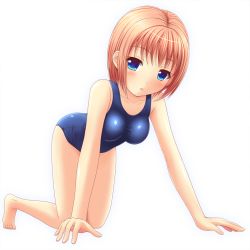 Rule 34 | 1girl, all fours, bare arms, bare shoulders, barefoot, blonde hair, blue eyes, breasts, collarbone, full body, ki (kk-sk-ray), looking at viewer, old school swimsuit, one-piece swimsuit, original, school swimsuit, shiny skin, short hair, simple background, solo, swimsuit
