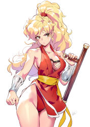 Rule 34 | 1girl, bare shoulders, blonde hair, brown eyes, capcom, clenched hand, commentary request, cowboy shot, curvy, final fight, fishnets, genryuusai maki, groin, high ponytail, highres, holding, holding weapon, japanese clothes, kimono, long hair, matsuda (matsukichi), ponytail, red kimono, revealing clothes, sash, shiny skin, short kimono, simple background, sleeveless, sleeveless kimono, solo, standing, street fighter, thighs, thong, tonfa, v-shaped eyebrows, weapon, white background, wide hips, yellow sash