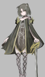 Rule 34 | 1girl, animal ear fluff, animal ears, arknights, bare shoulders, black dress, black jacket, brown eyes, closed mouth, commentary request, dress, feet out of frame, grey background, grey hair, grey thighhighs, hand on hilt, highres, jacket, looking at viewer, mandragora (arknights), open clothes, open jacket, parted bangs, simple background, solo, standing, sword, thighhighs, weapon