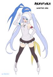 Rule 34 | + +, 1girl, :d, arm up, artist name, bare shoulders, beanie, black skirt, black thighhighs, blue eyes, blue hair, blush, breasts, brown dust, character name, commentary request, full body, grey hat, grey sweater, hair between eyes, hand on own hip, hat, heterochromia, ice skates, layered skirt, long hair, long sleeves, looking at viewer, miniskirt, open mouth, pleated skirt, red hair, refithea (brown dust), ribbed sweater, signature, simple background, skates, skirt, sleeves past wrists, small breasts, smile, solo, standing, standing on one leg, sweater, thighhighs, turtleneck, turtleneck sweater, twintails, very long hair, w, waero, white background, white footwear