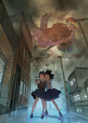 Rule 34 | 2girls, black footwear, building, cellphone, cloud, cloudy sky, closed eyes, lamppost, monster, multiple girls, octopus, one eye closed, open mouth, original, outdoors, phone, rain, selfie, shoes, sky, smartphone, smile, socks, suction cups, taking picture, tentacles, ukumo uichi, v, white footwear, wide shot, wind