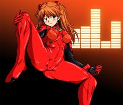 Rule 34 | 1girl, artist request, ass, blush, bodysuit, cameltoe, covered erect nipples, curvy, legs apart, looking at viewer, neon genesis evangelion, nipples, plugsuit, red bodysuit, smile, solo, souryuu asuka langley, spread legs, wide hips