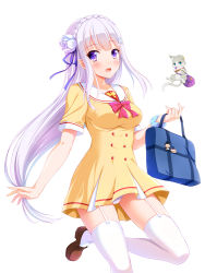 Rule 34 | 10s, 1girl, :d, alternate costume, aqua eyes, bag, blush, braid, breasts, brown footwear, cat, collarbone, contemporary, dress, earrings, elf, emilia (re:zero), eyebrows, flower, food, garter straps, hair flower, hair ornament, highres, holding, holding bag, holding food, impossible clothes, impossible dress, jewelry, leg up, light purple hair, loafers, long hair, looking at viewer, medium breasts, open mouth, pack (re:zero), panties, pointy ears, puck (re:zero), purple eyes, re:zero kara hajimeru isekai seikatsu, sailor dress, school bag, school uniform, scrunchie, shoes, short sleeves, simple background, single earring, smile, thighhighs, underwear, very long hair, white background, white panties, white thighhighs, wrist scrunchie, yagami-all hail nanao, yellow dress