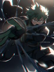 Rule 34 | 1boy, black whip (bnha), blurry, bodysuit, boku no hero academia, boku no hero academia: world heroes&#039; mission, commentary, dark background, depth of field, english commentary, feet out of frame, freckles, gloves, gradient background, green bodysuit, green eyes, green hair, hands up, highres, holding, light, long sleeves, looking at viewer, male focus, mask, midoriya izuku, mouth mask, short hair, solo, sparks, spiked hair, spoilers, trubwlsum, twitter username
