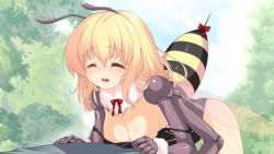 Rule 34 | 1girl, antennae, arthropod girl, artist request, bee girl, black leotard, blonde hair, bow, breasts, carapace, cleavage, compound eyes, extra arms, closed eyes, game cg, hair between eyes, honey (monster musume), insect girl, leotard, long hair, monster girl, monster musume no iru nichijou, monster musume no iru nichijou online, neck ruff, official art, open mouth, partially undressed, red bow, solo, stinger, wrist cuffs
