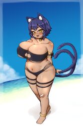 Rule 34 | 1girl, absurdres, animal ear fluff, animal ears, anklet, bandaid, bandaid on face, bandaid on knee, bandaid on leg, bandeau, beach, bell, belly, bikini, black bandeau, black bikini, blue hair, blush, breast suppress, breasts, cat cutout, cat ears, cat girl, cat tail, choker, cleavage, clothing cutout, collarbone, commission, dark-skinned female, dark skin, ears through headwear, fang, highres, huge breasts, ichika (ichika manga), jewelry, jingle bell, mole, mole under eye, multiple tails, navel, neck bell, no nose, open mouth, original, plump, short hair, shortstack, skeb commission, slit pupils, smile, solo, sweat, swimsuit, tail, thick thighs, thigh strap, thighs, wide hips, yellow eyes