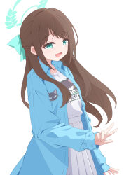 Rule 34 | 1girl, absurdres, airi (band) (blue archive), airi (blue archive), aqua eyes, black hair, blue archive, blue coat, blush, brown hair, coat, commentary request, floating hair, green halo, hair ribbon, half updo, halo, highres, long hair, long sleeves, mizusaki (kn27), open mouth, pleated skirt, print shirt, ribbon, shirt, skirt, solo, v, white shirt, white skirt, wind