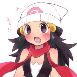 Rule 34 | 1girl, bare shoulders, beanie, black eyes, black hair, black shirt, blush, breasts, creatures (company), dawn (pokemon), female focus, game freak, hair ornament, hairclip, hat, japanese text, long hair, lowres, matching hair/eyes, nintendo, open mouth, poke ball theme, pokemon, pokemon dppt, red scarf, sawarabi (sawarabi725), scarf, shiny skin, shirt, simple background, sleeveless, sleeveless shirt, small breasts, solo, surprised, sweat, translation request, upper body, white background, white hat