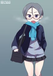 Rule 34 | 10s, 1girl, aged down, artist logo, artist name, bag, black-framed eyewear, blazer, blue jacket, blue scarf, blue skirt, blush, breath, carrying, commentary, cowboy shot, dated, fringe trim, frown, girls und panzer, glasses, gradient background, grey background, hand in pocket, highres, jacket, keizoku military uniform, light blush, long sleeves, looking at viewer, military, military uniform, miniskirt, one-hour drawing challenge, open mouth, pleated skirt, rumi (girls und panzer), scarf, school bag, school connection, semi-rimless eyewear, shiroobi (whitebeltmaster), short hair, skirt, solo, standing, striped clothes, striped scarf, track jacket, under-rim eyewear, uniform
