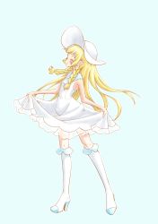 Rule 34 | 1girl, absurdres, blonde hair, blue background, blush, boots, braid, breasts, closed eyes, clothes lift, creatures (company), curtsey, dress, dress lift, full body, game freak, hands up, hat, highres, knee boots, legs apart, lifted by self, lillie (pokemon), long hair, nintendo, outline, pokemon, pokemon sm, see-through, simple background, sleeveless, sleeveless dress, small breasts, smile, solo, standing, sun hat, twin braids, uno usaya, white dress, white footwear, white hat, white legwear