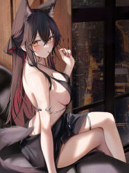 Rule 34 | 1girl, alternate costume, alternate hairstyle, animal ear fluff, animal ears, arknights, armlet, backless dress, backless outfit, bare legs, bed, between fingers, black dress, black hair, black ribbon, blush, breasts, brown eyes, chinese commentary, city, commentary request, crossed legs, dress, ear piercing, evening gown, extra ears, food, food in mouth, from behind, gradient hair, hair ribbon, highres, holding, holding food, indoors, long hair, looking at viewer, looking back, medium breasts, mouth hold, multicolored hair, nail polish, night, on bed, piercing, red hair, red nails, revision, ribbon, ru zhai, sideboob, sitting, sleeveless, sleeveless dress, solo, sparkle, tail, texas (arknights), thigh strap, very long hair, wolf ears, wolf girl, wolf tail