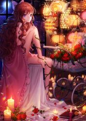 Rule 34 | 1girl, ango, ankkoyom, bad id, bad pixiv id, bare legs, barefoot, bow, brown hair, cable, candle, curly hair, dress, eyelashes, flower, frown, full moon, hair bow, half updo, highres, indoors, lamp, long hair, moon, original, purple eyes, rose, sitting, solo, thorns, wavy hair
