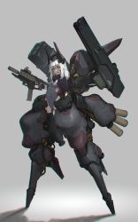 Rule 34 | 1girl, absurdres, black capelet, breasts, capelet, commentary, covered navel, full body, grey background, grey leotard, gun, headgear, highleg, highleg leotard, highres, holding, holding gun, holding weapon, leotard, looking at viewer, mecha musume, medium hair, oota youjo, open mouth, original, purple eyes, silver hair, simple background, small breasts, smile, solo, standing, weapon