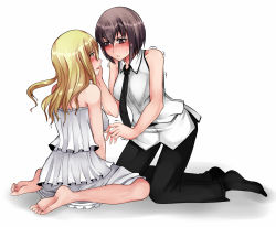 Rule 34 | 2girls, :o, adapted costume, aoshima, barefoot, blonde hair, blush, brown eyes, brown hair, commentary request, couple, dress, embarrassed, feet, half-closed eyes, hand on another&#039;s face, highres, kneeling, long hair, maribel hearn, motion lines, multiple girls, necktie, no headwear, no headwear, open mouth, pants, short hair, sitting, socks, strapless, strapless dress, sweatdrop, touhou, usami renko, vest, white background, white dress, yellow eyes, yuri