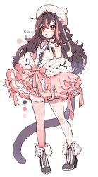Rule 34 | 1girl, absurdres, artist name, asymmetrical legwear, bare shoulders, black footwear, black hair, blush, cat tail, hat, highres, jikuno, long hair, official art, open mouth, original, pink thighhighs, red eyes, simple background, solo, tail, thighhighs, uneven legwear, white background, white hat
