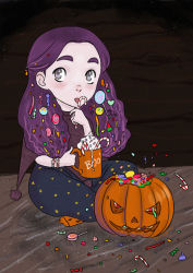 Rule 34 | 1girl, candy, food, halloween, highres, kelheor, lollipop, long hair, original, pumpkin, purple eyes, purple hair, solo, star (symbol)