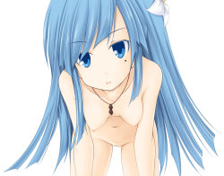 Rule 34 | 1girl, blue eyes, blue hair, breasts, completely nude, flower, hair flower, hair ornament, highres, long hair, looking at viewer, mages., mole, mole under eye, navel, neptune (series), nipples, nude, pussy, simple background, small breasts, solo, tapioka (coconuts), white background
