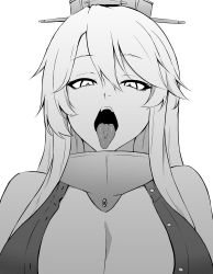 Rule 34 | 1girl, absurdres, breasts, cleavage, greyscale, half-closed eyes, headgear, highres, iowa (kancolle), kantai collection, large breasts, long hair, monochrome, open mouth, solo, takaman (gaffe), tongue, tongue out, upper body