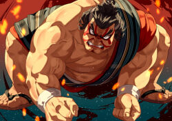 Rule 34 | 1boy, black hair, capcom, chonmage, clenched teeth, edmond honda, facepaint, fighting stance, highres, looking at viewer, male focus, muscular, muscular male, short hair, solo, street fighter, tabi, teeth, v-shaped eyebrows, wristband, yagi2013