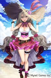 Rule 34 | 1girl, :d, age of ishtaria, bare shoulders, beach, belt, black choker, blue sky, blush, boots, breasts, bridal garter, choker, cleavage, cloud, cloudy sky, copyright notice, day, flower, gambe, grey eyes, grey hair, hair between eyes, hair flower, hair ornament, hands on headwear, hands up, hat, hat feather, hat flower, large breasts, long hair, midriff, navel, ocean, open mouth, outdoors, pink flower, pink rose, red flower, red footwear, red rose, red skirt, rose, skirt, sky, smile, solo, standing, standing on one leg, straw hat, sun hat, twintails, very long hair, watermark, wristband