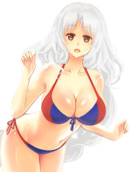 Rule 34 | 1girl, absurdres, alternate costume, bad id, bad pixiv id, bikini, breasts, brown eyes, cleavage, front-tie top, highres, large breasts, long hair, navel, open mouth, side-tie bikini bottom, simple background, solo, swimsuit, touhou, wavy hair, white background, white hair, x&amp;x&amp;x, yagokoro eirin