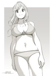 Rule 34 | 1girl, breasts, dated, fang, from below, greyscale, hair ornament, hair scrunchie, highres, horikou, inuyama aoi, large breasts, long hair, monochrome, navel, outside border, ponytail, scrunchie, sidelocks, simple background, skin fang, split mouth, swimsuit, thick eyebrows, white background, yurucamp