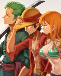 Rule 34 | 1girl, 2boys, arm tattoo, bikini, black hair, breasts, brown hair, cleavage, closed eyes, closed mouth, collarbone, earrings, facial scar, green bikini, green hair, grey background, groin, hat, highres, jewelry, katana, large breasts, long hair, monkey d. luffy, multiple boys, nami (one piece), navel, oekakiboya, one piece, open clothes, open vest, profile, red vest, roronoa zoro, scar, scar on cheek, scar on face, short hair, smile, straight hair, straw hat, sun hat, swimsuit, sword, tattoo, vest, weapon, yellow headwear
