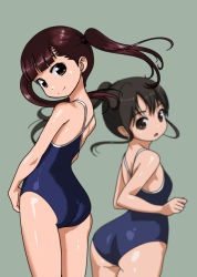 Rule 34 | 2girls, ass, blue one-piece swimsuit, blunt bangs, blurry, brown eyes, brown hair, child, competition school swimsuit, cowboy shot, depth of field, long hair, looking at viewer, multiple girls, one-piece swimsuit, original, ponytail, rohitsuka, school swimsuit, swimsuit, twintails