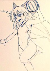 Rule 34 | 1girl, alternate costume, bare legs, barefoot, bow, breasts, commentary request, competition swimsuit, covered navel, d-m (dii emu), eyelashes, food, fruit, greyscale, hair bow, horns, ibuki suika, legs, long hair, looking at viewer, monochrome, one-piece swimsuit, oni horns, open mouth, standing, standing on one leg, swimsuit, touhou, traditional media, very long hair, watermelon
