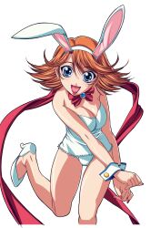 Rule 34 | animal ears, blue eyes, bow, bowtie, breasts, cleavage, comic colorful bee, earrings, fake animal ears, flipped hair, gotou keiji, high heels, highres, jewelry, large breasts, leotard, looking at viewer, medium hair, non-web source, open mouth, orange hair, photoshop (medium), rabbit ears, red nails, red scarf, scarf, simple background, standing, standing on one leg, strapless, strapless leotard, v arms, white background, white footwear, white leotard, wrist cuffs