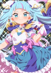 Rule 34 | 1girl, absurdres, ahoge, blue eyes, blue hair, blush, bow, brooch, cape, cure sky, detached sleeves, fingerless gloves, gloves, highres, hirogaru sky! precure, jewelry, kotori inaka, magical girl, pink bow, pink skirt, precure, puffy detached sleeves, puffy sleeves, single sidelock, skirt, smile, solo, sora harewataru, twintails, two-sided cape, two-sided fabric, white gloves, wing brooch, wing hair ornament