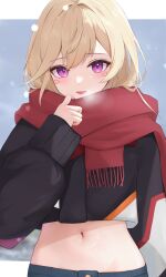 Rule 34 | 1girl, absurdres, black jacket, blonde hair, breath, cropped jacket, day, enpera, facial mark, grey shorts, highres, hip bones, jacket, komori met, light smile, long hair, looking at viewer, midriff, navel, nif7y, outdoors, parted lips, purple eyes, red scarf, scarf, shorts, sleeves past wrists, snowing, solo, stomach, triangle facial mark, virtual youtuber, vspo!