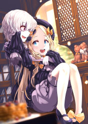 Rule 34 | 2girls, :d, abigail williams (fate), absurdres, alicia (schrdingerscat), black bow, black dress, black footwear, black hat, blonde hair, bloomers, blue eyes, blurry, blurry background, blurry foreground, blush, bow, bug, butterfly, commentary request, depth of field, dress, fate/grand order, fate (series), forehead, hair between eyes, hair bow, hat, highres, horns, hug, hug from behind, insect, knees up, lavinia whateley (fate), long hair, long sleeves, mary janes, multiple girls, open mouth, orange bow, parted bangs, polka dot, polka dot bow, profile, red eyes, shoes, single horn, sitting, sleeves past fingers, sleeves past wrists, smile, stuffed animal, stuffed toy, teddy bear, teeth, underwear, upper teeth only, very long hair, white hair, yellow bow