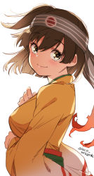 Rule 34 | 1girl, brown hair, commentary request, cowboy shot, headband, highres, hiryuu (kancolle), japanese clothes, kantai collection, kimono, laco soregashi, looking at viewer, one-hour drawing challenge, one side up, orange kimono, short hair, simple background, smile, solo, twitter username, white background