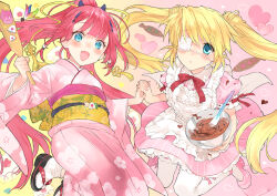 Rule 34 | 2girls, :d, alternate costume, apron, aqua eyes, blonde hair, blunt bangs, blush, braid, cherry blossom print, chocolate, company connection, crossover, dress, enmaided, expressionless, eyelashes, eyepatch, fang, feet out of frame, floating hair, floral print, frilled apron, frilled sleeves, frills, hair between eyes, hair ornament, hairclip, hairstyle connection, hand up, happy, highres, holding, holding cooking pot, holding hands, holding racket, interlocked fingers, japanese clothes, kamiyama shiki, key (company), kimono, long hair, long sleeves, looking at viewer, maid, maid apron, mary janes, medical eyepatch, midair, multiple girls, nakatsu shizuru, okobo, one eye covered, open mouth, parted lips, pink dress, pink footwear, pink kimono, pinstripe dress, pinstripe pattern, ponytail, puffy short sleeves, puffy sleeves, racket, red hair, red ribbon, rewrite, ribbon, ribbon-trimmed sleeves, ribbon trim, sandals, sash, shoes, short sleeves, smile, straight hair, summer pockets, tabi, tassel, tassel hair ornament, third-party source, toujou sakana, twin braids, twintails, very long hair, white apron, wide sleeves, yellow sash