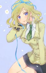 Rule 34 | 1girl, black skirt, blonde hair, blue eyes, code geass, collared shirt, green necktie, grey background, hand in own hair, highres, jacket, long hair, long sleeves, looking at viewer, milly ashford, miniskirt, necktie, parted bangs, pencil skirt, print necktie, print neckwear, shirt, sitting, skirt, smile, solo, sumi otto, white shirt, yellow jacket