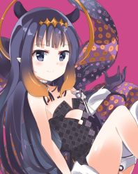 Rule 34 | 1girl, black dress, black gloves, blue eyes, blunt bangs, breasts, dress, feet out of frame, gloves, halo, hidejiu, highres, hololive, hololive english, long hair, looking at viewer, mole, mole under eye, ninomae ina&#039;nis, ninomae ina&#039;nis (1st costume), pink background, pointy ears, purple hair, simple background, small breasts, smile, solo, tentacle hair, tentacles, virtual youtuber