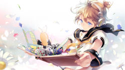 Rule 34 | 1boy, blonde hair, blue eyes, book, brother and sister, cameo, comet (artist), comet (teamon), headphones, headset, highres, kagamine len, kagamine rin, male focus, pop-up book, siblings, solo, twins, vocaloid, wallpaper