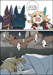 Rule 34 | 2koma, 3boys, animal ears, animal hat, bed, black hair, black headwear, blanket, blonde hair, comic, commentary, cowgirl position, cyno (genshin impact), dark-skinned male, dark skin, earrings, english commentary, english text, feather hair ornament, feathers, fox boy, fox ears, fox tail, genshin impact, green hair, hair ornament, hat, heart, highres, jewelry, kaveh (genshin impact), kochi003s, lying, male focus, multicolored hair, multiple boys, nude, on back, on bed, on side, open mouth, parted lips, red eyes, sex, shaded face, straddling, sweat, tail, tears, tighnari (genshin impact), yaoi