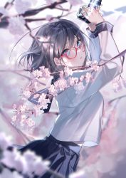 Rule 34 | 1girl, black hair, blue eyes, blue sailor collar, blue skirt, blurry, blurry background, blurry foreground, blush, branch, camera, cherry blossoms, depth of field, flower, glasses, highres, holding, holding camera, long sleeves, looking at viewer, midriff peek, miwano rag, original, parted lips, pink flower, pleated skirt, red-framed eyewear, sailor, sailor collar, shirt, short hair, skirt, solo, standing, teeth, tree, white shirt