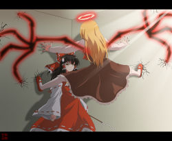 Rule 34 | &gt;:(, 2girls, blonde hair, brown hair, cicada block (meme), detached sleeves, energy wings, ex-rumia, gohei, hair tubes, hakurei reimu, halo, highres, japanese clothes, letterboxed, long hair, meme, miko, multiple girls, aged up, outstretched arms, rumia, spread arms, spread legs, sweatdrop, touhou, wings, woofey, yellow eyes