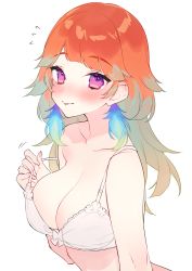 Rule 34 | 1girl, absurdres, bare shoulders, bird, bra, bra pull, breasts, chiyomaru (yumichiyo0606), clothes pull, collarbone, earrings, feather earrings, feathers, gradient hair, highres, hololive, hololive english, jewelry, multicolored hair, off shoulder, orange hair, phoenix, purple eyes, simple background, solo, takanashi kiara, underwear, underwear only, virtual youtuber, white background